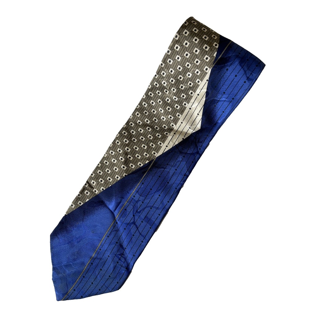 Raffaello Italian 100%‎ Silk Foulard Gold Blue 3.5" Neck Tie Career Party